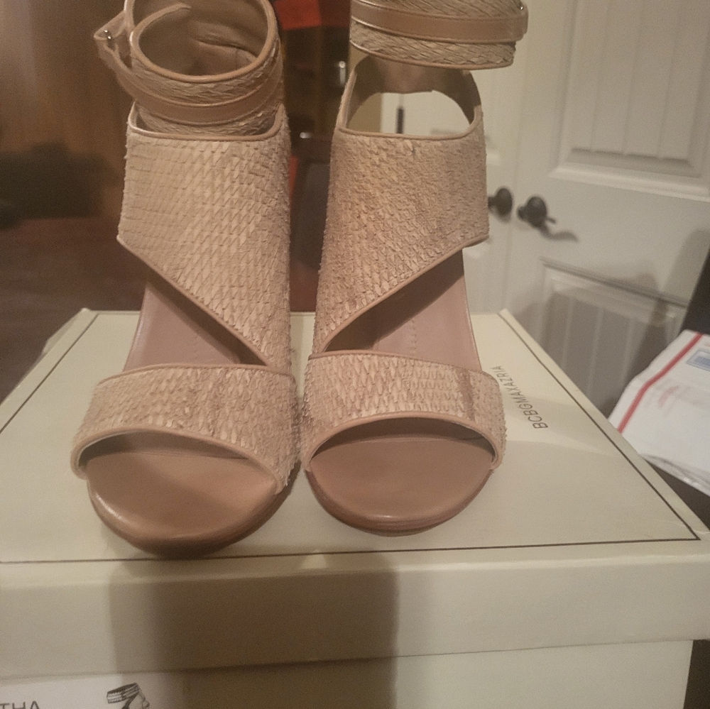 BCBGMaxAzria Tan Platform Heels with Wide Straps